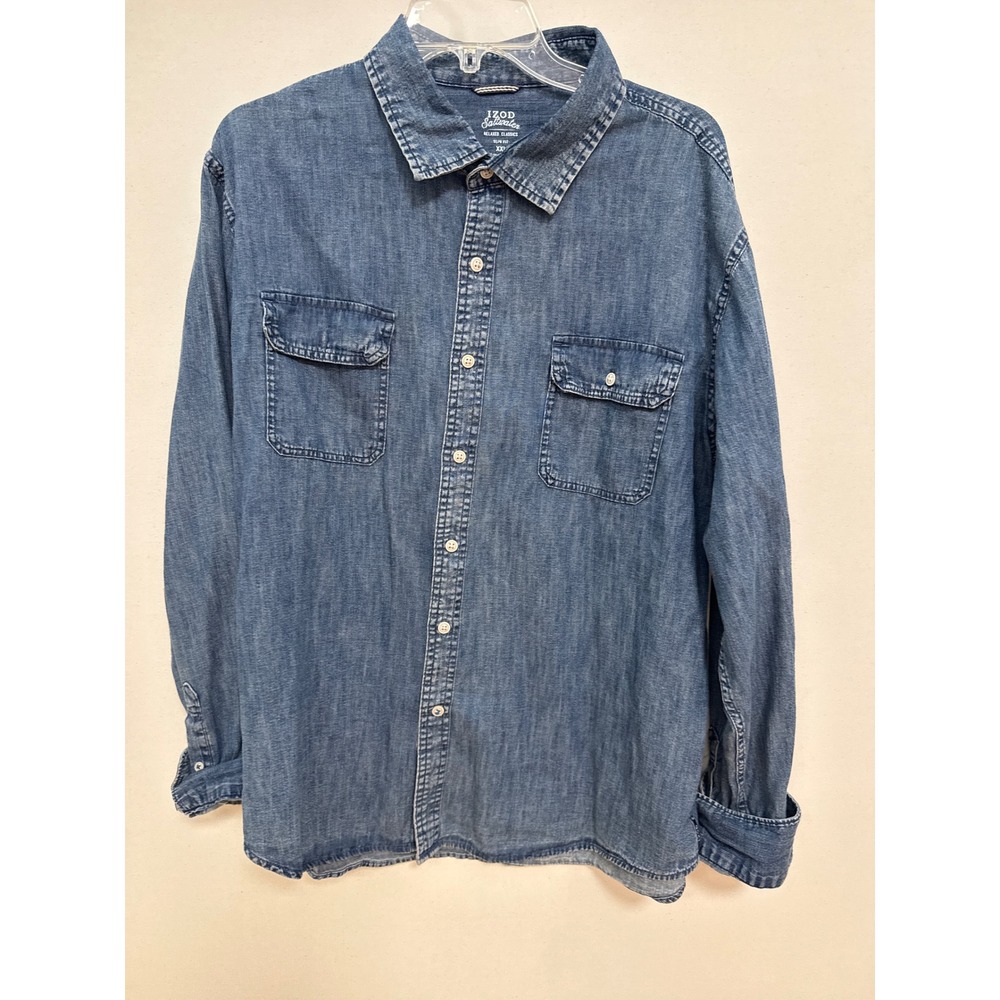 IZOD Saltwater Relaxed Classics Mens XXL Slim Fit Blue Cotton Denim Shirt